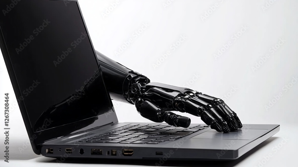 Poster robotic hand using modern black laptop computer technology digital future innovation artificial inte