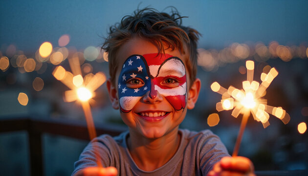 Boy with American eagle face paint smiling joyfully at urban rooftop party with sparklers in hand, celebrating U.S. Independence Day.