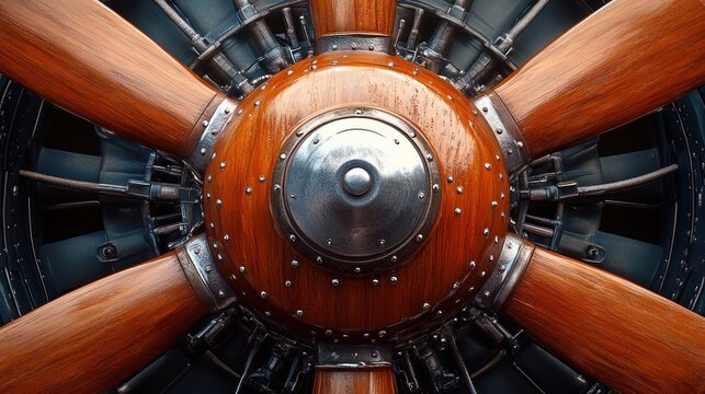 Vintage aircraft radial engine propeller close-up; mechanical details; aviation history; industrial background; perfect for aviation publications