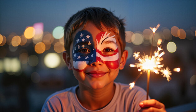 Boy with American eagle face paint smiling joyfully at urban rooftop party during Independence Day night, celebrating freedom and unity.