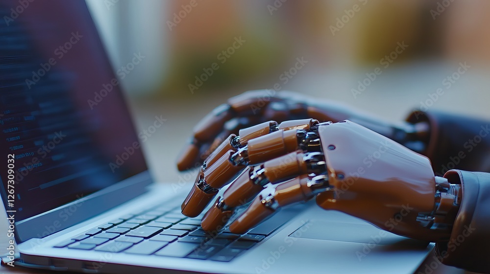 Poster robotic hands typing on laptop advanced technology digital future innovation artificial intelligence