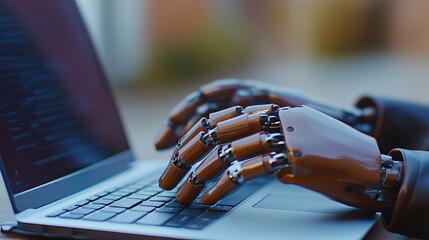 Robotic Hands Typing on Laptop Advanced Technology Digital Future Innovation Artificial Intelligence Modern Robotic Arm Closeup High Tech Program Code
