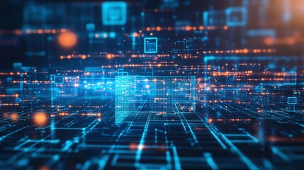 Abstract Digital Cityscape Futuristic Technology Network Data Orange Blue Glow Lines Structure Grid Modern Design Digital Art Background Illustration 