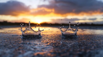 Stunning Sunset Water Splashes Twin Crown Shaped Droplets on Reflective Surface