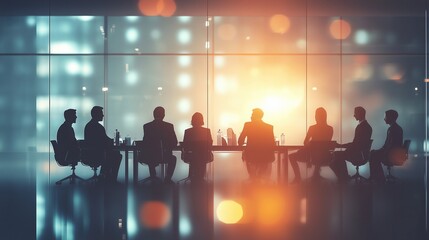 Silhouettes of people sitting at a conference table. Teamwork in a corporate conference room. A group of people share their ideas for planning and sharing strategies. Shadows of individuals lifestyle.