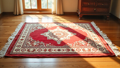 Traditional prayer rug with intricate Islamic patterns displayed on polished hardwood floor illuminated by morning light, symbolizing spirituality and comfort.
