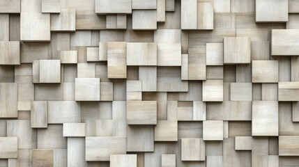 Decorative geometric wooden wall with layered rectangular panels, forming a clean and modern background with natural textures