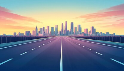 Obraz premium Urban Highway Leads to City Skyline at Sunset, a Stunning View, Breathtaking Scenery