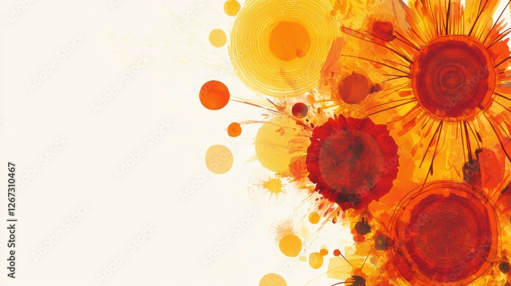 Poster vibrant abstract artwork featuring warm colors and sun like designs for a cheerful atmosphere. gener