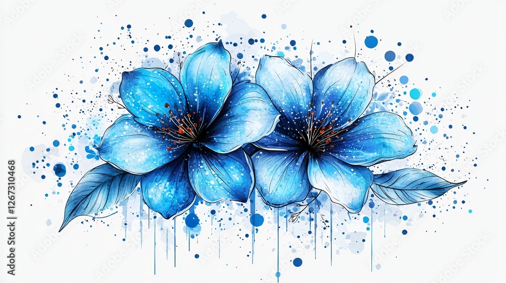 Wall mural Blue flowers watercolor splash art design