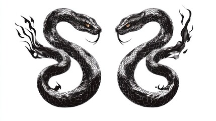 Obraz premium Two black snakes facing each other, flames, tattoo design, white background, body art