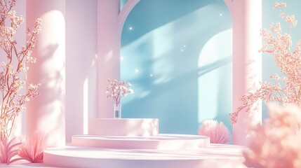 Trendy Minimalist Podium Display Surrounded by Soft Pastel Hues and Geometric Forms for Stylish Promotions