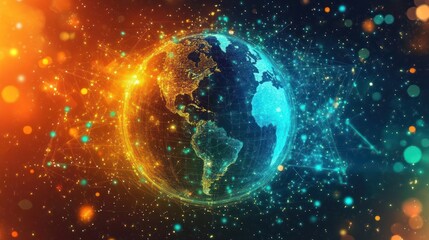 Global network connection, data flow, digital earth, energy, background bokeh, for tech presentations