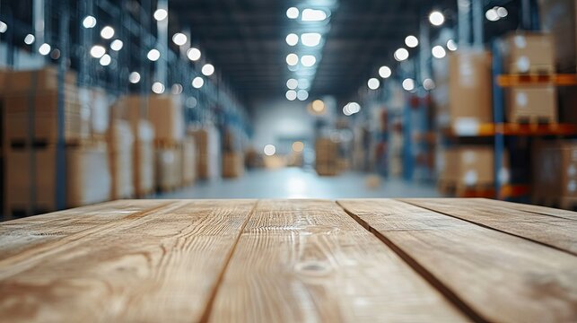 Detailed wooden table surface in the foreground with a blurred image of a spacious and brightly lit warehouse storage facility