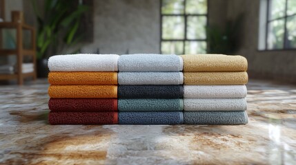 Colorful towels stacked bathroom marble