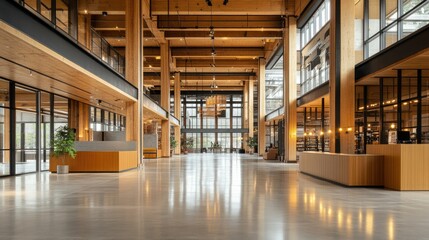 Empty storehouse with polished concrete floors, wide open space, and industrial lighting, showcasing clean and functional design