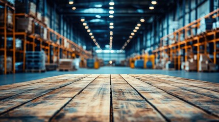 Empty wooden tabletop in a vibrant image with blurred shelves, pallets, and industrial lighting in a warehouse storage setting