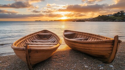 Tranquil Sunset over Seacoast with Rustic Wooden Boats on the Shoreline