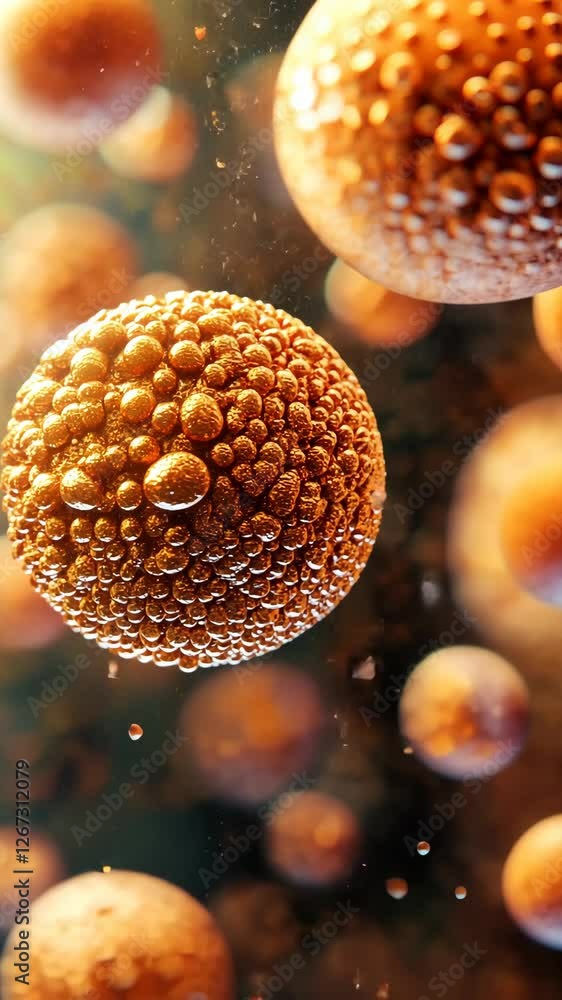 Poster microscopic view of spherical particles with intricate textures illuminated by soft light in a dark 
