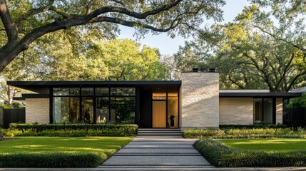 European modern house with a sleek facade, geometric patterns, and a mix of stone and glass elements, highlighting contemporary aesthetics