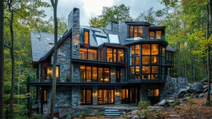 European modern house with a sleek facade, geometric patterns, and a mix of stone and glass elements, highlighting contemporary aesthetics