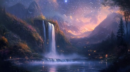 Fototapeta premium Mystical waterfall cascading under a starlit sky with glowing horizon