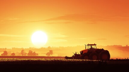 Tractor in Action: Farming Machinery Operating at Dusk Amidst a Serene Landscape