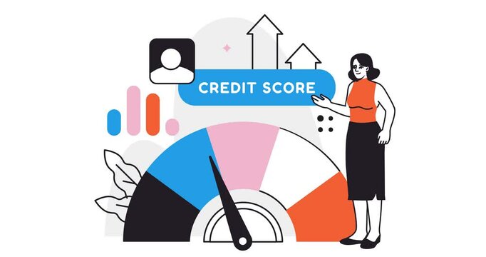 Credit approval. Moving banner with woman standing next to customer credit score indicator. Character bank employee issues loan to client with good credit history. Flat style graphic animated video