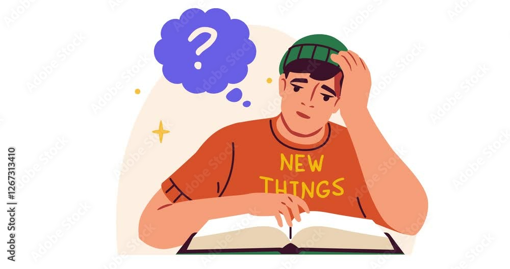 Poster studying and learning. pensive guy sits at desk in university classroom, reads book and prepares for