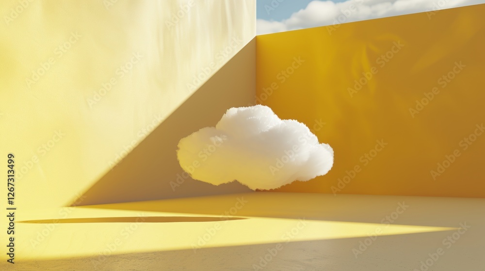 Poster clouds in a yello space with a door. yello clouds as concept for open digital cloud infrastructure. 