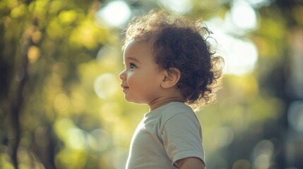 A Toddler with Curly Hair and Bright Eyes Enjoying Nature