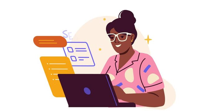 Studying and learning. Moving banner with happy girl student looking for educational information on Internet on laptop. Online course, lecture and webinar. Cartoon style graphic animated video clip