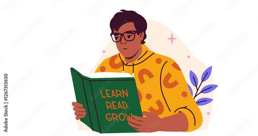 Poster studying and learning. moving banner with smart male university student reading book for development