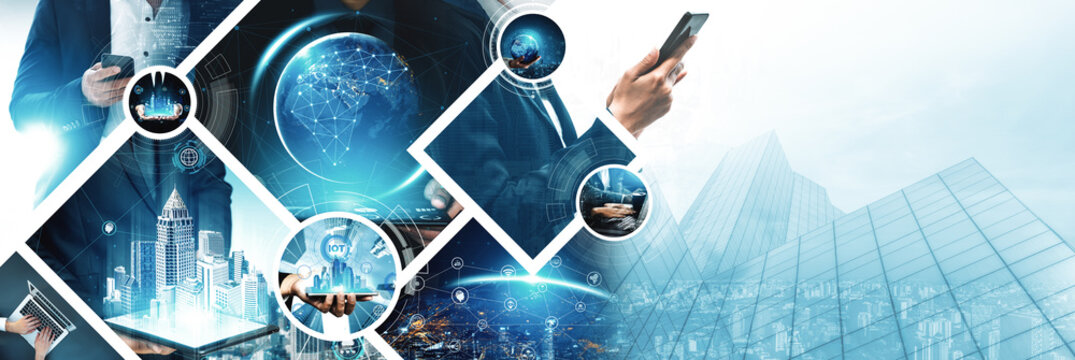 Communication technology , smart connection IOT and people network technology concept. People using connective device to connect to the secured internet network and cloud computing server vexel