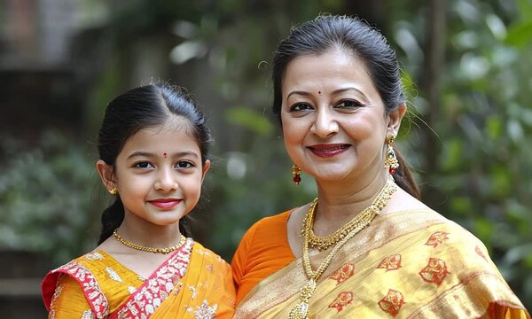 Generational Portrait Grandmother and Granddaughter in Traditional Indian Sarees
