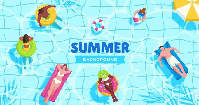 People relaxing in pool. Moving summer background with happy men and women in swimsuits floating in swimming pool. Characters enjoying pool party. Cartoon style graphic animated video clip