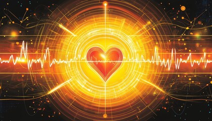 Obraz premium Glowing Heartbeat Monitor, Bright Heartbeat Line, Detailed Grid, Intense Yellow Light