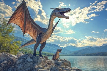 Fototapeta premium Majestic Winged Dragon and Baby Dinosaur Roaring by Mountain Lake under a Sunny Sky