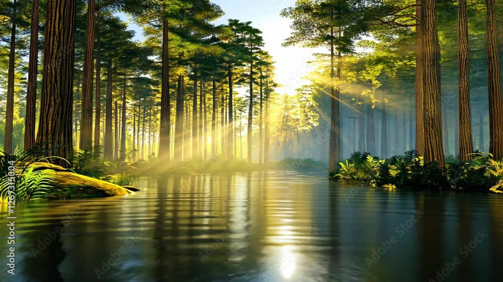 Poster sunlight filters through trees above a serene river in a peaceful forest setting during early mornin