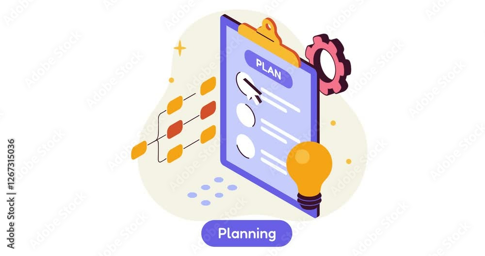 Aufkleber software creation. moving 3d banner with plan and strategy for creating successful digital product. 
