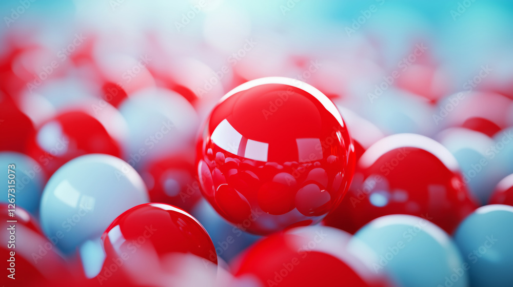 Poster shiny red and white spheres create vibrant, colorful background, perfect for design projects. glossy