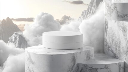 White Podium Display On Rocky Mountains Backdrop