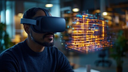 Man wearing virtual reality headset viewing a futuristic hologram in a digital environment