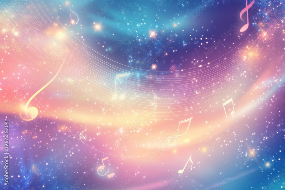 Leinwandbilder Colorful abstract representation of music notes in a dreamy cosmic background filled with stars and light. Generative AI