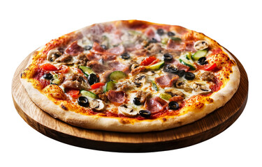   A slightly steaming pizza with meat and vegetables, isolated on a transparent background (3)