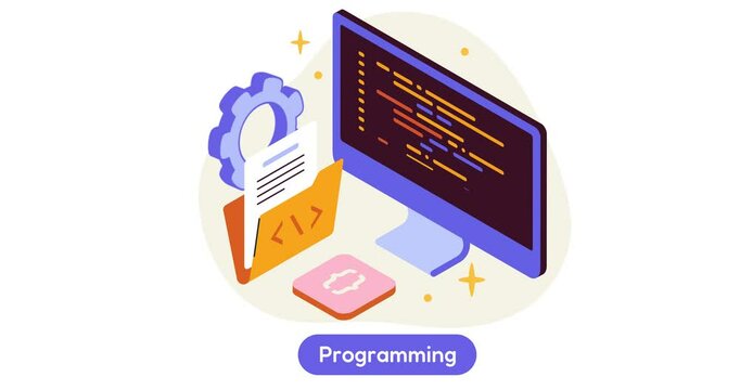 Software creation. Moving 3D banner with code on computer screen. Digital product development stage. Programming and Engineering. Isometric style graphic animated video clip