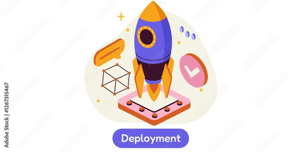 Poster software creation. moving 3d banner with rocket launch as symbol of successful implementation of dig