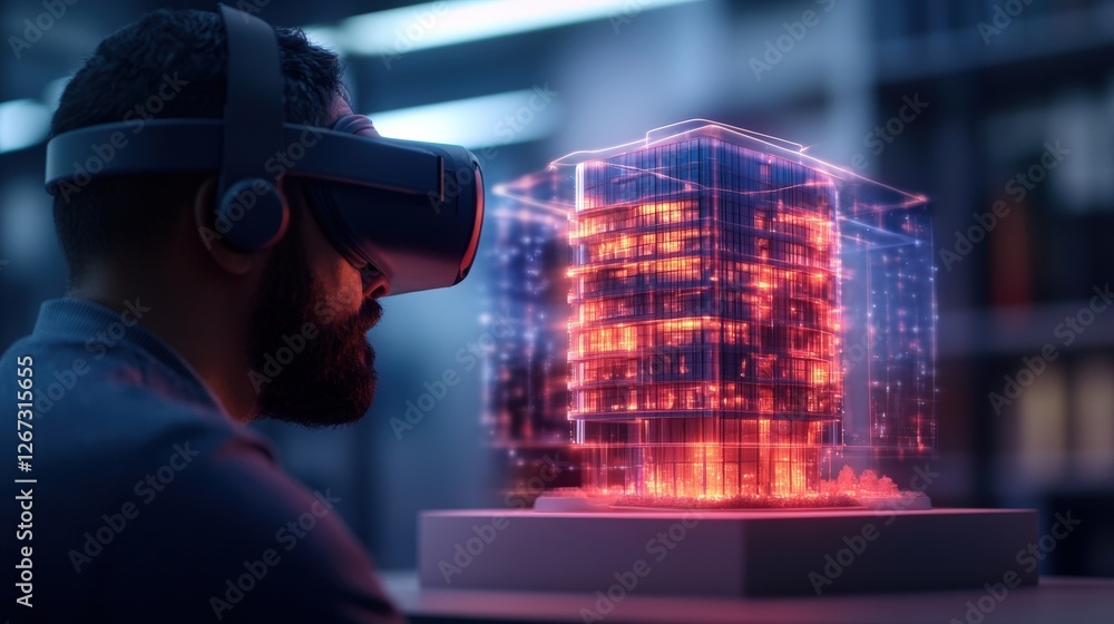 Poster man wearing virtual reality headset interacting with holographic display in a futuristic environment