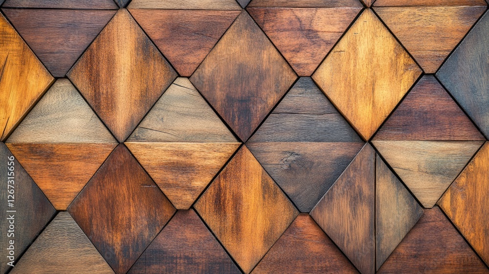 Poster close-up of a geometric wood wall with interlocking triangular panels in earthy tones, creating a st