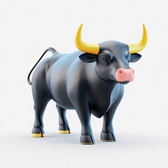 Fototapeta premium A stylized, cartoonish black bull with yellow horns and a pink snout, standing on a neutral background, showcasing a playful and modern design.